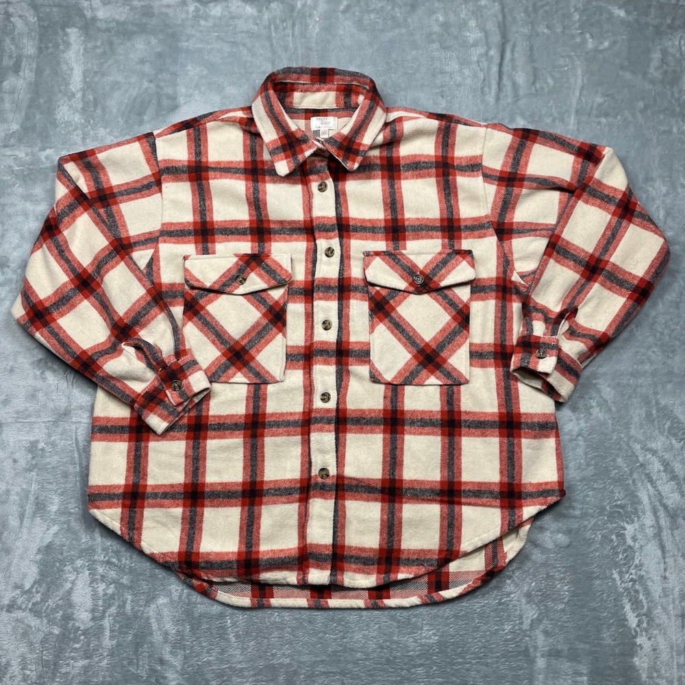 Dizzy Lizzy Plaid Flannel Women XL Cream Red Heavy Button Up Pockets